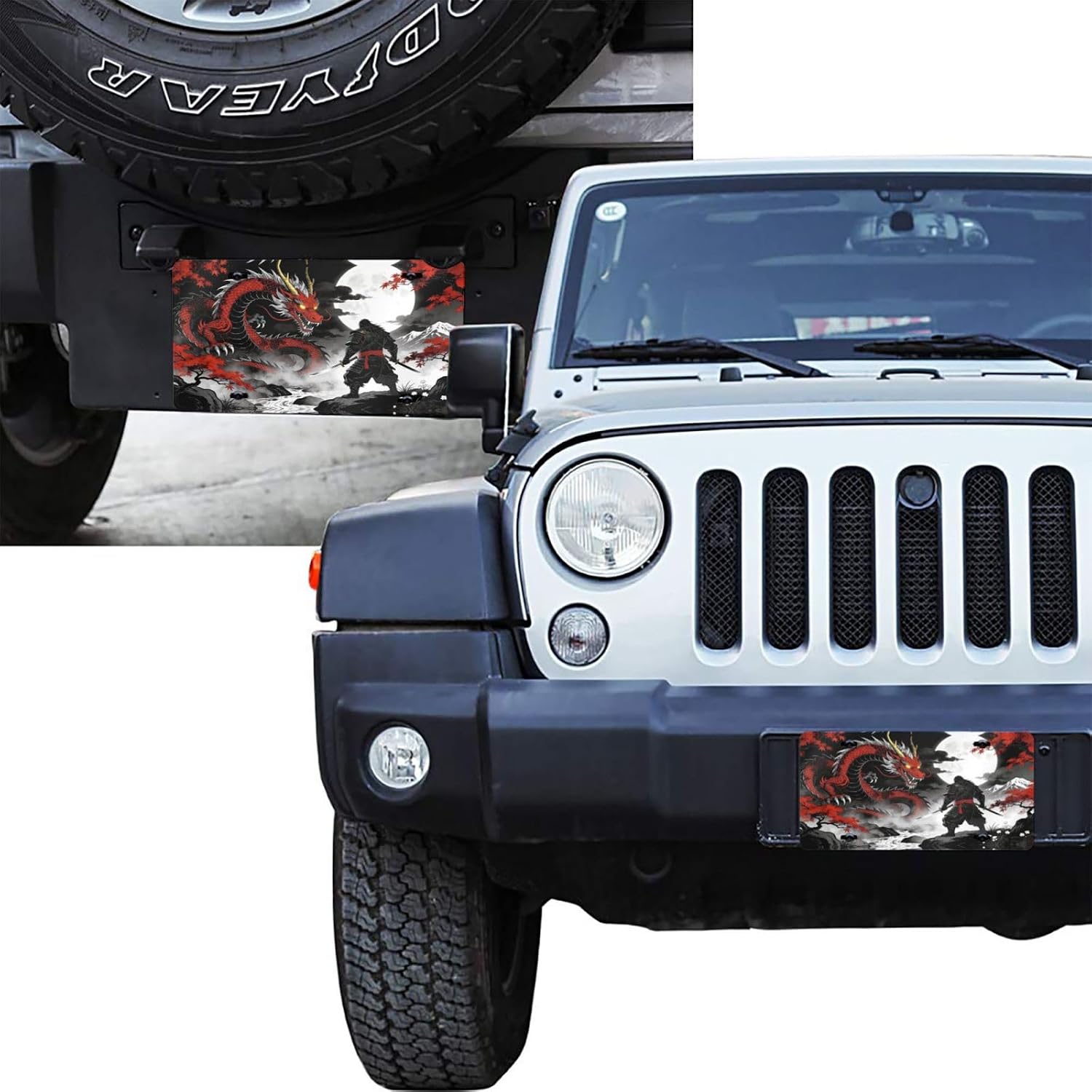 Samurai Red Dragon Battle Full Moon Front License Plate Aluminum License Plates Decorative Car Plate Novelty Vanity Tag Cover Metal Car Decor Accessory with 4 Holes for Men Women 6x12 Inch