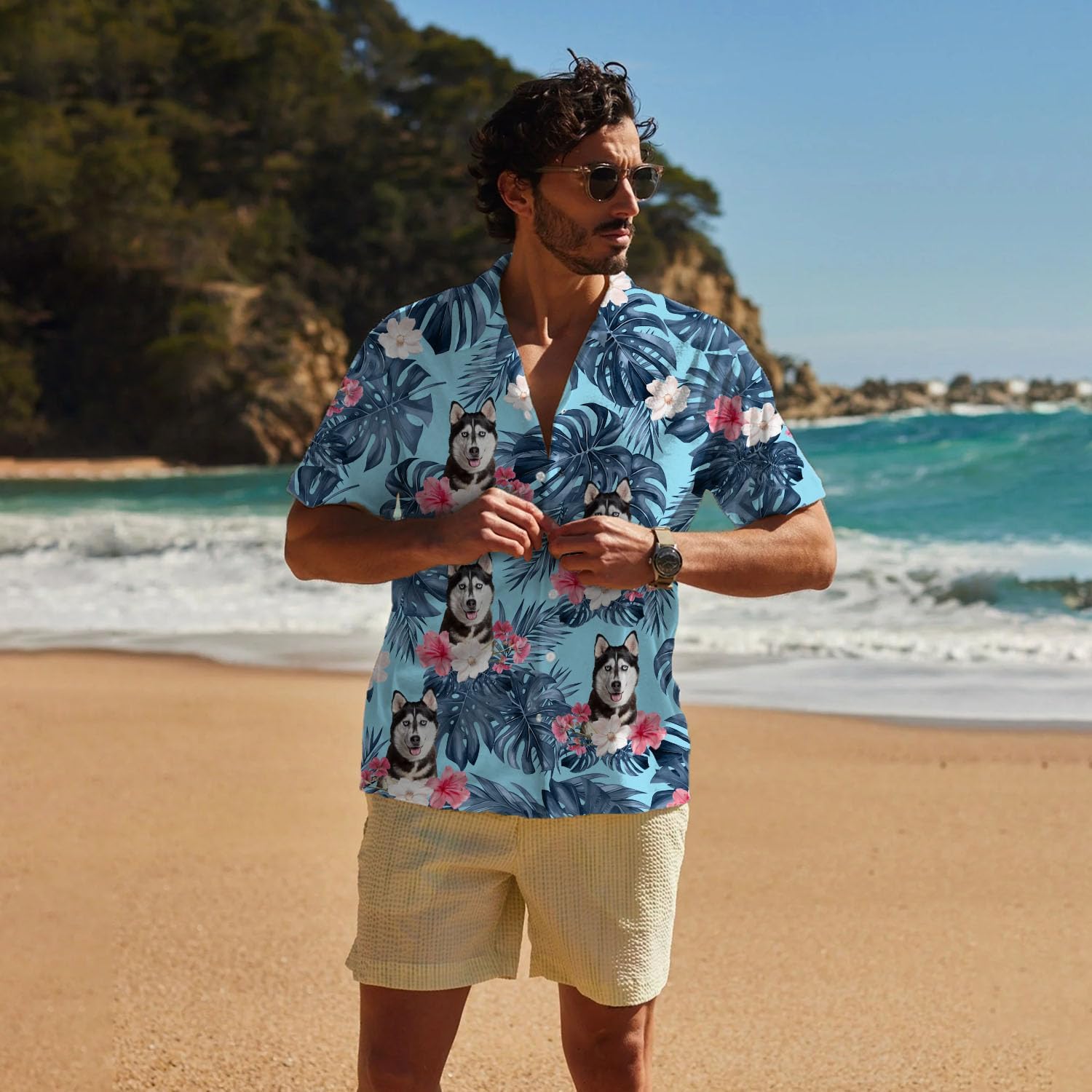 Siberian Husky Hawaiian Shirts for Men,Button Down Beach Casual Shirtss