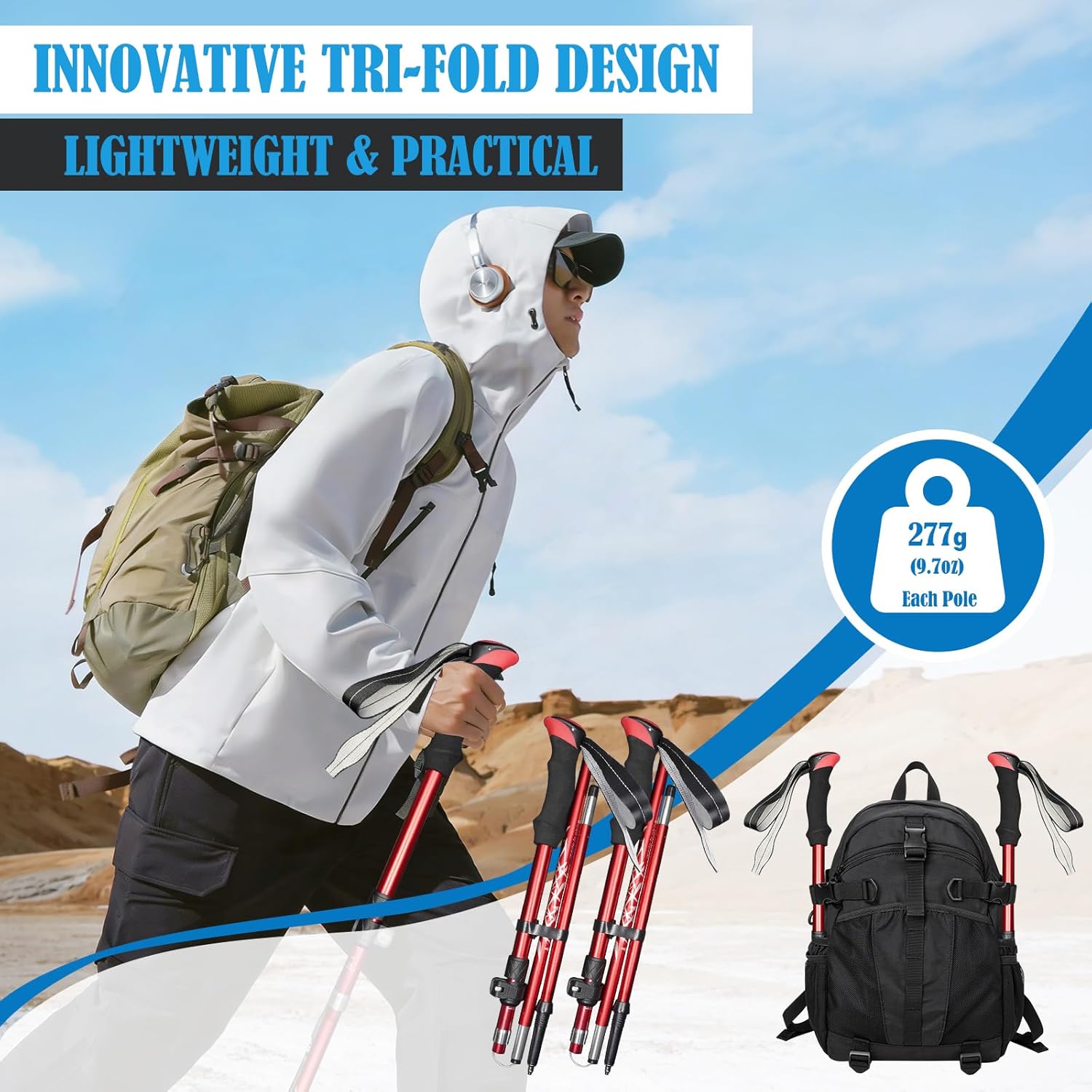 Deepfeel Collapsible Trekking Poles Folding Hiking Poles, Adjustable Height, Lightweight Aluminum Alloy Walking Sticks for Men & Women 2 Packs