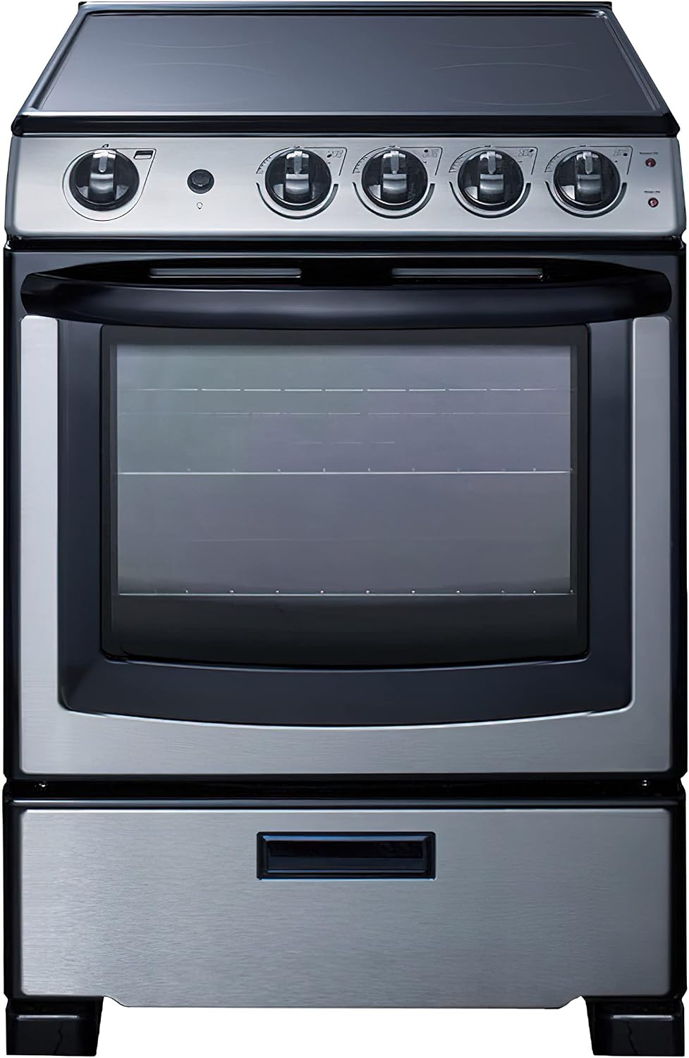 Summit Appliance REXH24RSS 24" Wide Electric Range and Convertible Hood Set, Push-to-turn Knobs, 4 Cooking Zones, Stainless Steel Hood, Adjustable Racks, Smooth Ceramic Glass Top, Boiler Tray