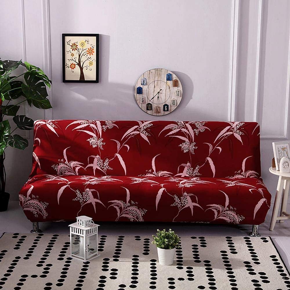 EM Stretch Slipcover,Armless Sofa Cover Stretch Sofa Bed Slipcover Protector Elastic Spandex Modern Simple Folding Couch Cover for Home,Office (150-190cm,Red Floral)