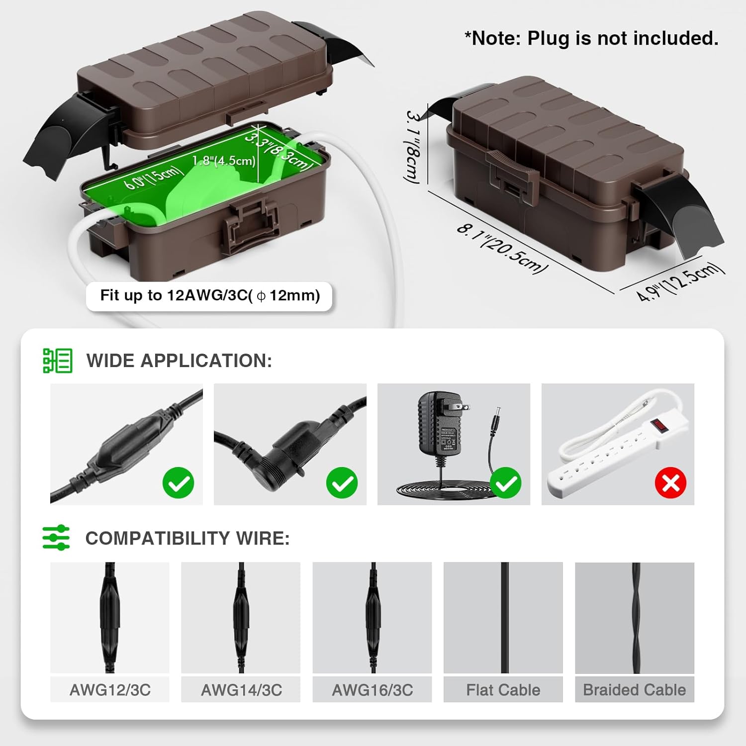Outdoor Electrical Box Waterproof (12.5 x 8.5 x 5 inch) for Outlet, Plug, Holiday Lights, IP55 Waterproof Electrical Extension Cord Box, Brown