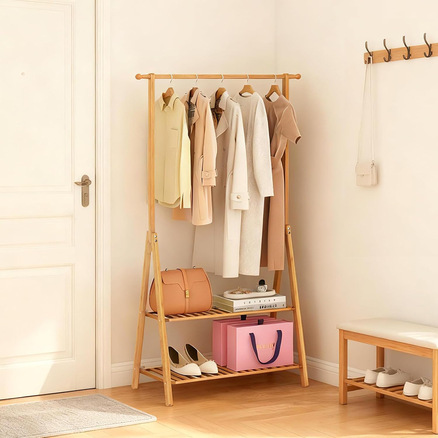 Bamboo Wooden Clothes Rack, Heavy Duty Garment Rack for Hanging Clothes, Freestanding Clothing Rack with 2 Tier Storage Shelves & Side Hooks for Living Room Bedroom Entryway
