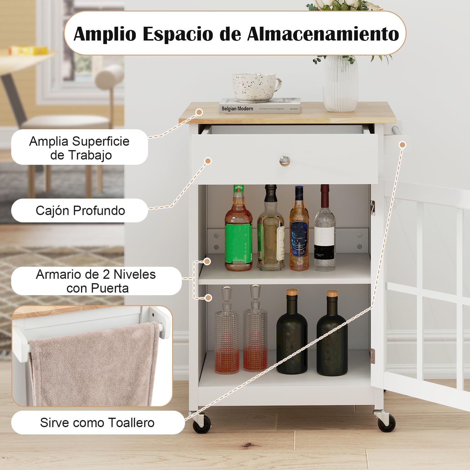 COSTWAY Carrito de Cocina, Isla de Cocina con 4 Ruedas, Tablero de Madera de Caucho, Cajón, Toallero, Estante Ajustable de 3 Niveles, Puerta de Vidrio Templado, Carro de Servicio para Comedor