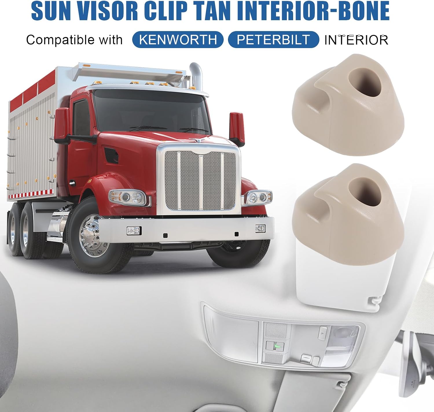 Pair Sun Visor Clip Tan Interior-Bone Compatible with Kenworth Peterbilt Interior # S16-1023-661 (F01377-2)