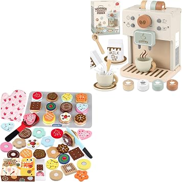 Wooden Coffee Toys Pretend Play Toddler and Wooden Cookie Play Food Set Toy