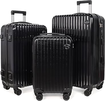 3-Piece Hardside Luggage Set, ABS+PC Spinner Suitcase with Anti-Burst Zipper & Built-in Lock, 20/24/28 Inch black