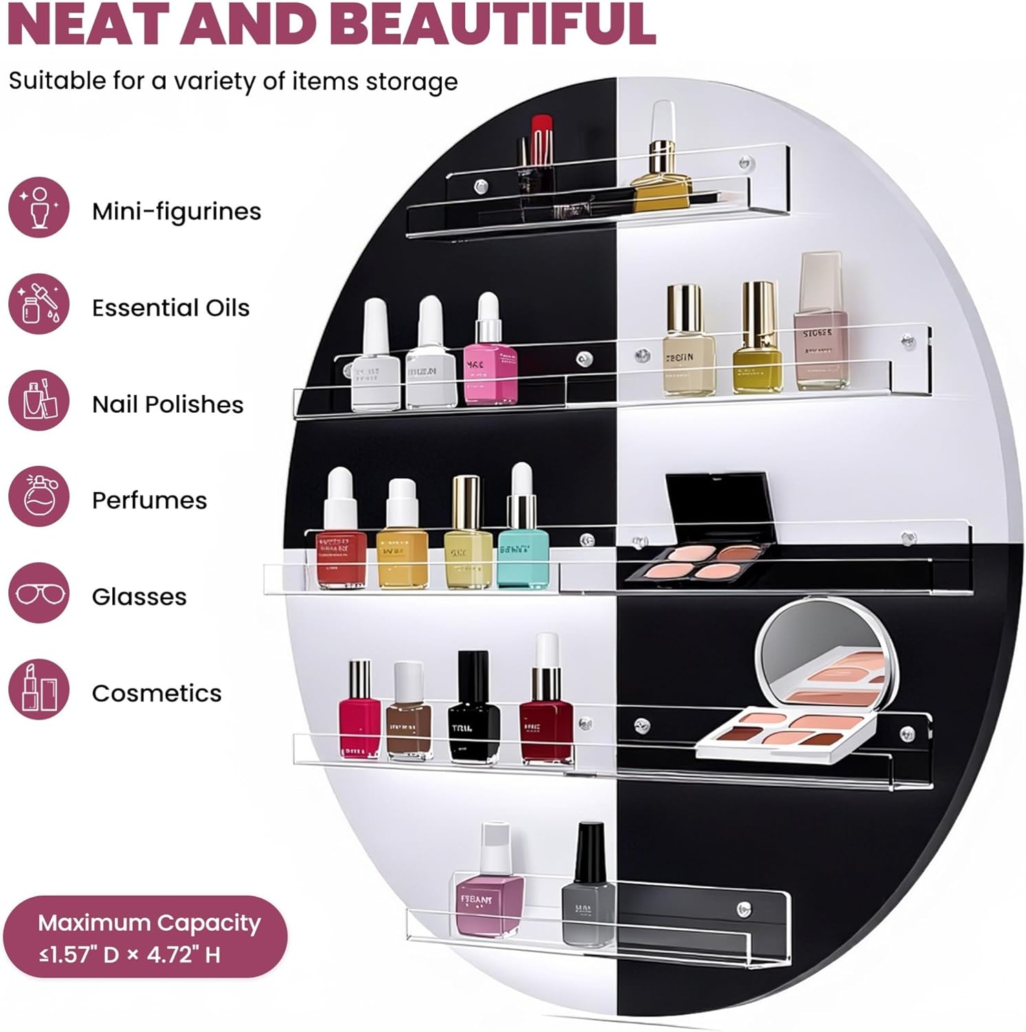 Wall Mount Nail Polish Rack, 5 Layers Round Nail Polish Organizer, Nail Salon Storage Display Shelves Perfume Essential Oil Bottles Holder w/Acrylic Baffle, White + Black