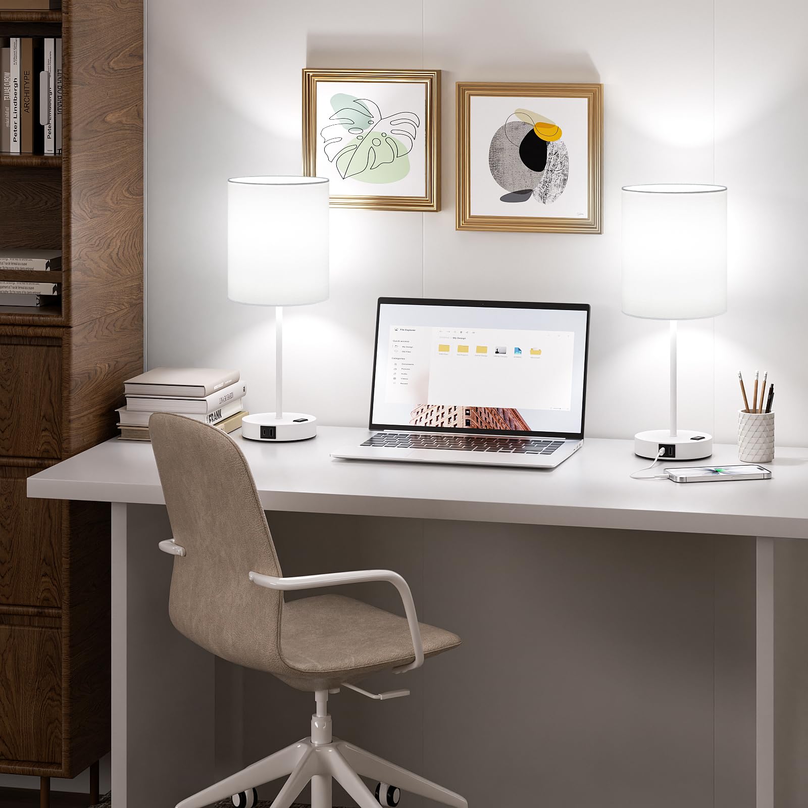 White Touch Lampen für Nachttisch 2er Set - Nachttischlampe für Schlafzimmer mit Dual-USB-Anschlüssen & AC-Steckdose, 3-Wege-Dimmbare Lampen für Wohnzimmer Jungenzimmer, Nachtlicht mit 5000K