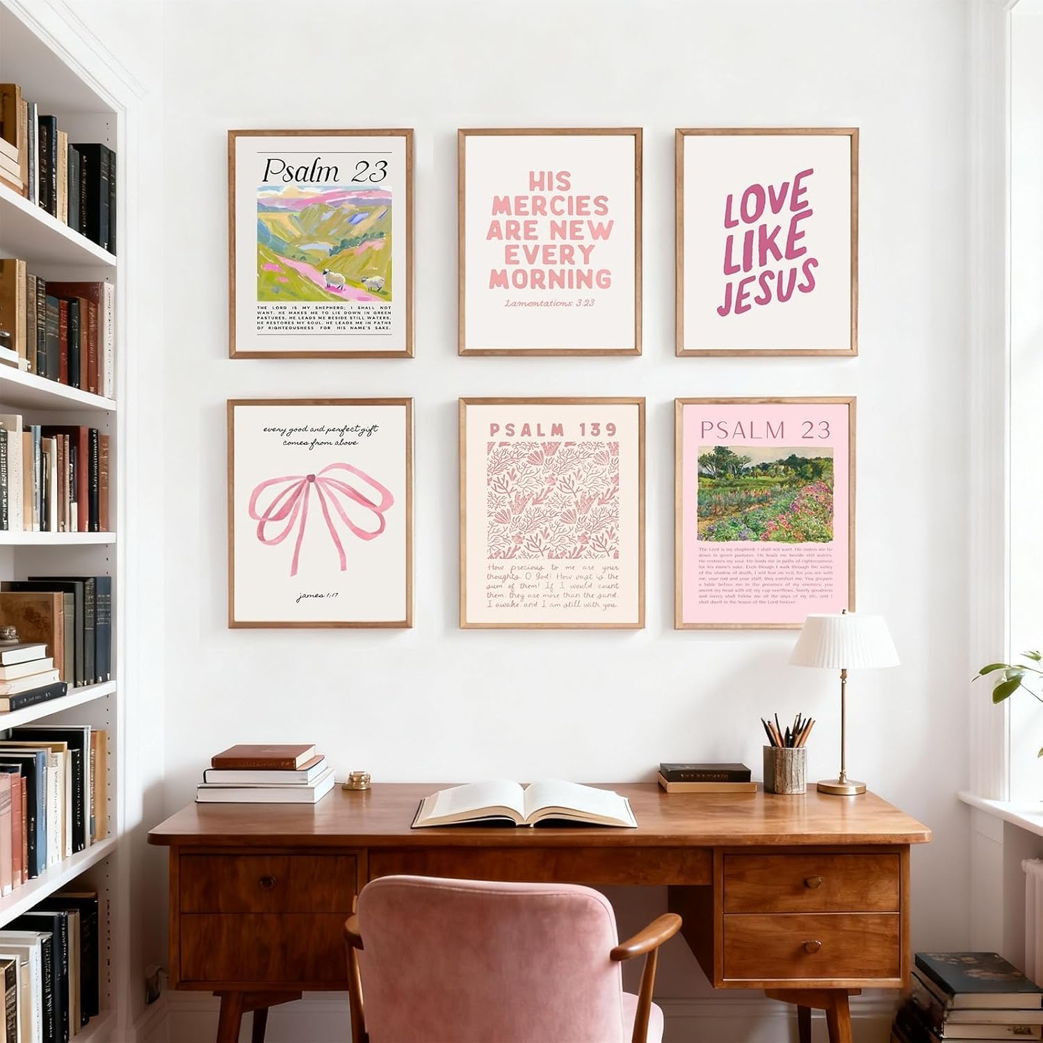 Pink Christian Canvas Wall Art set of 6 Bible Verse Bow Pictures Wall Decor Trendy Preppy Posters Prints Scripture Religious Jesus Painting Artwork for Girls Room Christian Housewarming Gift