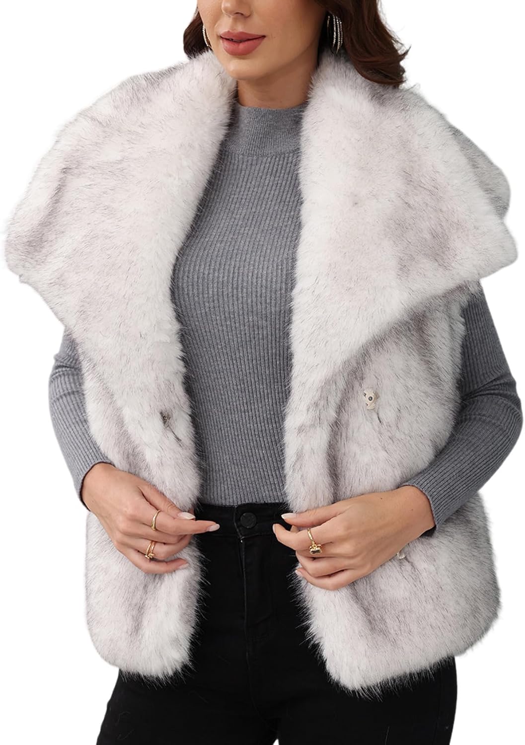Gihuo Women' s Faux Fur Vest Lapel Collar Sleeveless Furry Jacket Shaggy Jackets Warm Outerwear