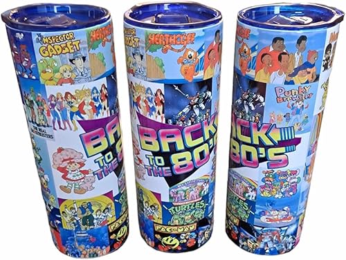 Vaso personalizado de 20 onzas de acero inoxidable delgado con tapa y popote de Back to the 80s Eighties 1980 con temática de personajes de dibujos