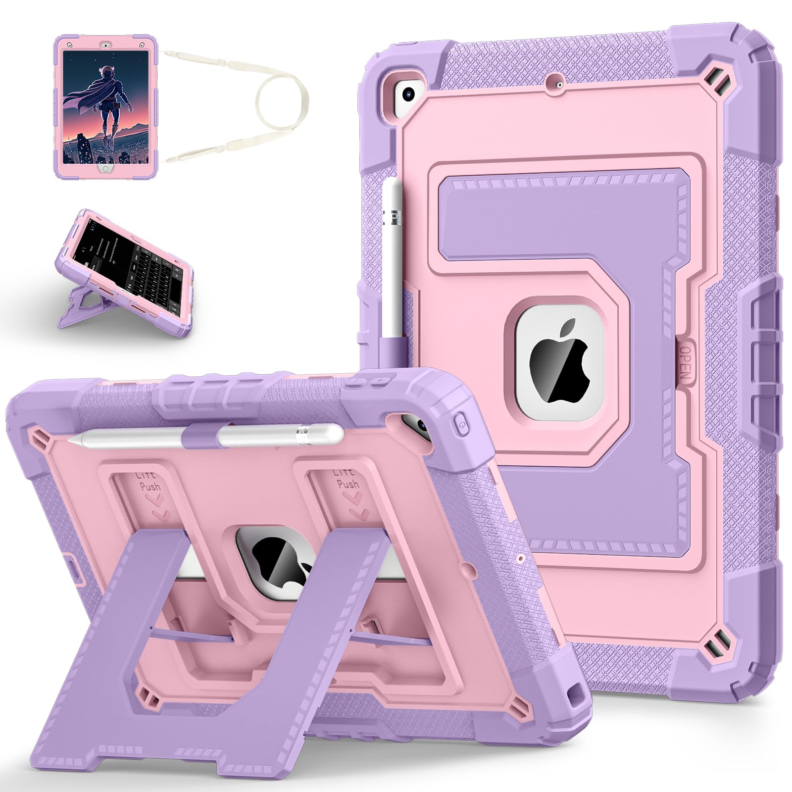 for iPad 9th/ 8th/ 7th Generation 10.2 Inch (2021/2020/ 2019) iPad Case 9th Generation with Pencil Holder,Heavy Duty Shockproof Cover for i Pad 9th/8th/7th Gen,Purple Rose