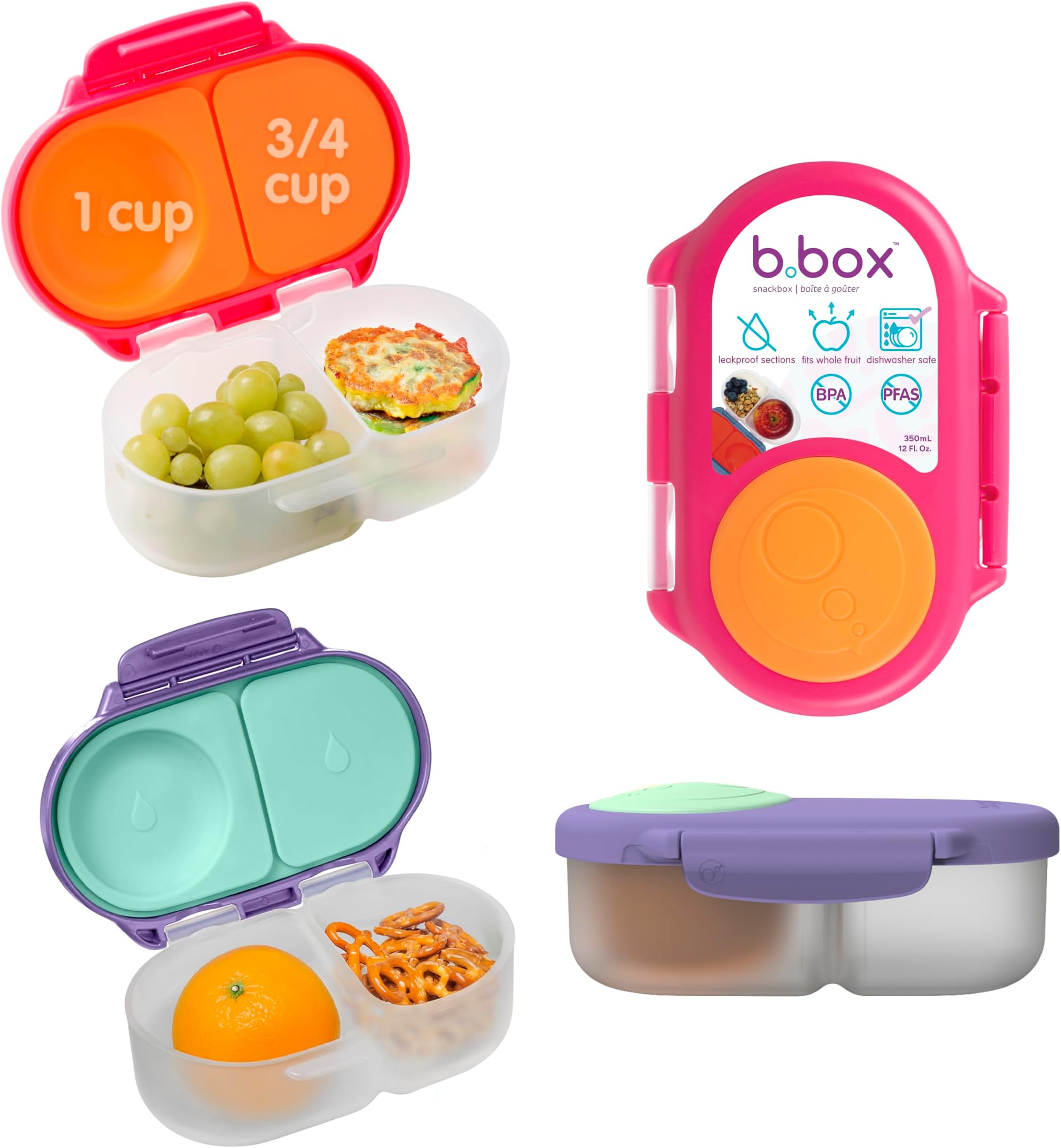 b.box 2 Pack Bento Snackbox, Leakproof Double Compartment Food Container with Lid, Ideal for Kids Lunches and Snacks, Extendable Surface, Pack of 2, Pink/Purple