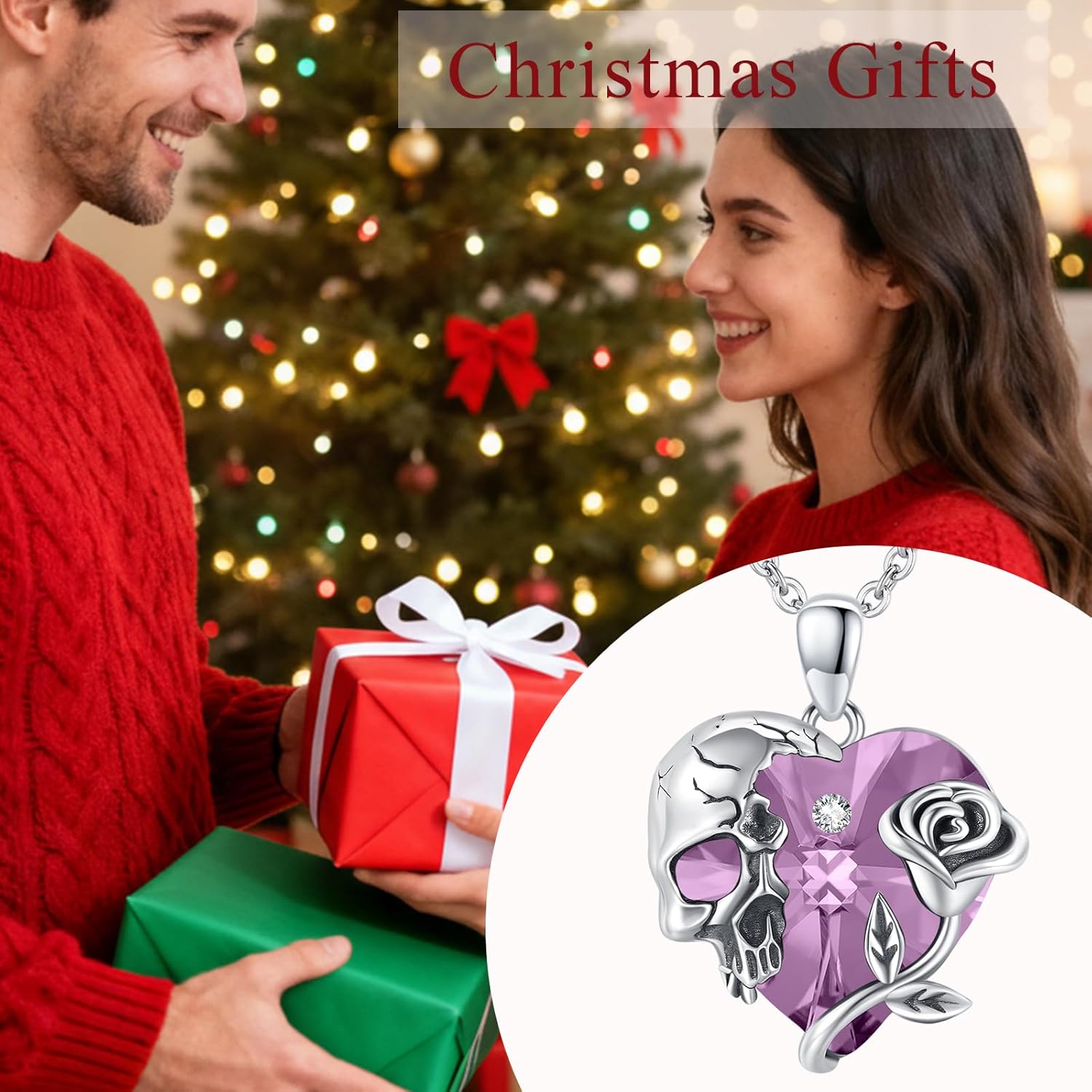Skull Necklace Sterling Silver Gothic Heart Pendant Rose Birthstone Necklace Halloween Skull Jewelry Gift for Women Men
