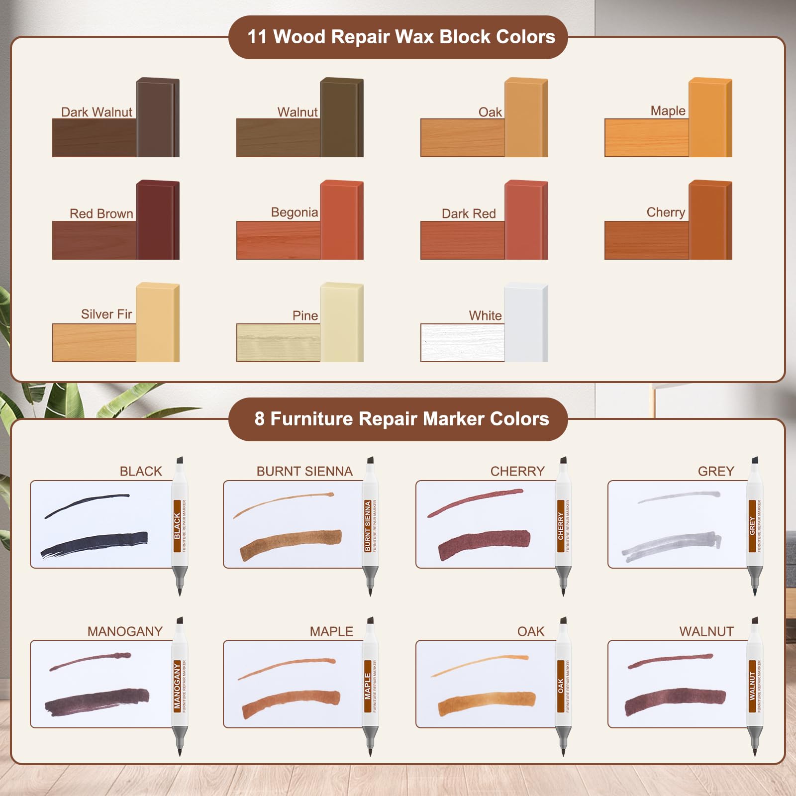 Set di riparazione per laminato, parquet e vinile con stucco per legno, strumento di fusione aggiornato a 11 colori, cera dura, 8 pennarelli a doppia punta. Ripara graffi, crepe, buchi e ammaccature