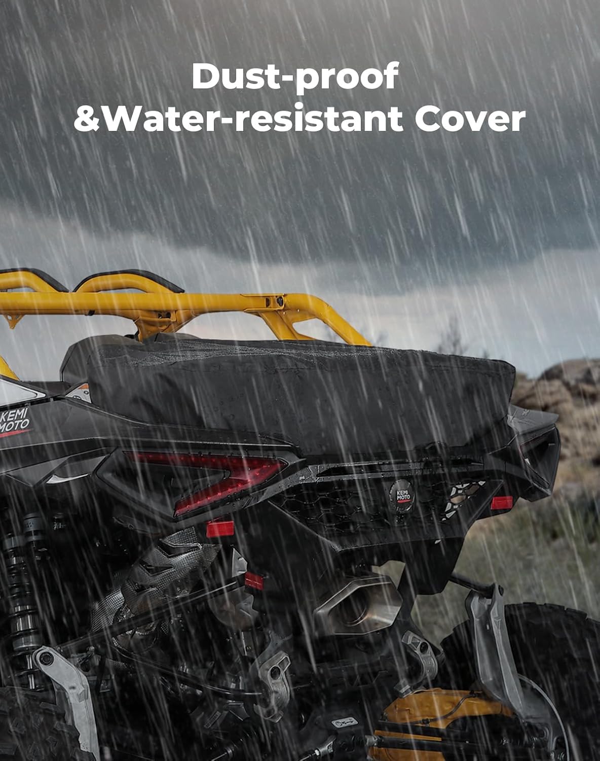 KEMMIMOTO UTV Cargo Box with dust-proof and water-resistant cover installed on a UTV.