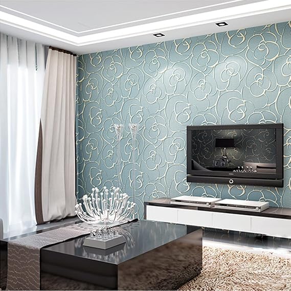 KeTian Modern Minimalist 3D Rose Flower Non-Woven Deep Embossed Textured Living Room Bedroom Wallpaper Roll Light Blue 0.53m (1.73' W) x 10m(32.8'L)5.3m2 (57 sq.ft)