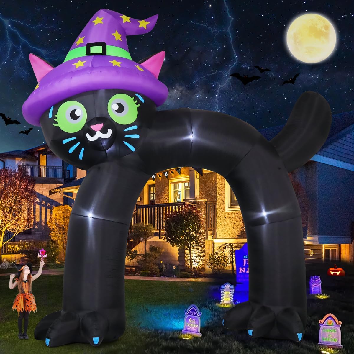 comin 14ft halloween inflatables outdoor decorations black cat arch blow up yard decoration with built-in led for yard garden party lawn