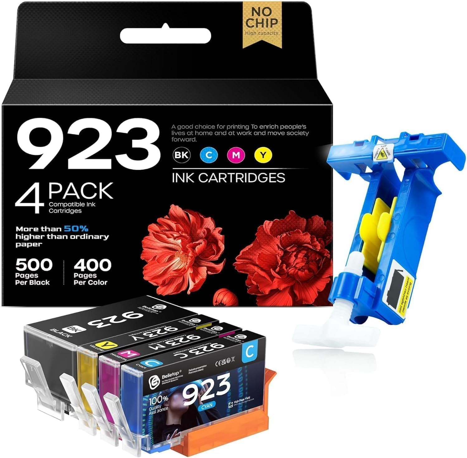 Compatible 923 923XL Ink Cartridges (NO CHIP) Work with 923 923XL 923E Ink Cartridges Combo Pack Replacement for OfficeJet Pro 8135e 8130e 8139e 8138e 8122e 8120 8124e 8125e 8130 8132e Printer(4 Pack)
