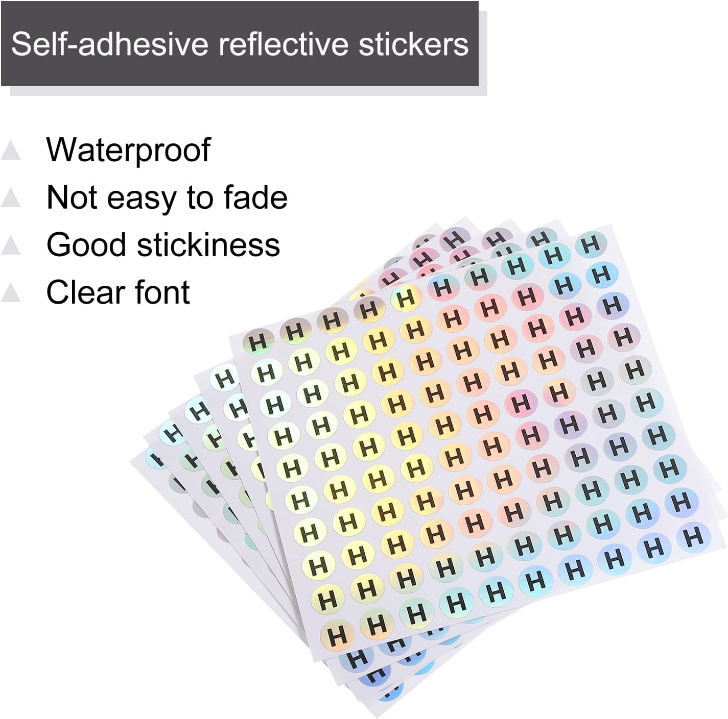MECCANIXITY Laser Capital Letter Stickers, 3/8" Alphabet H Round Self-Adhesive Reflective Letter Stickers for Inventory, Storage, Organizing,15 Sheets(1500 Stickers)