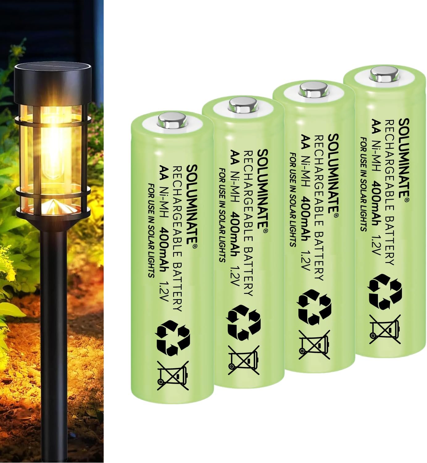 Soluminate AA Solar Light Batteries (400mAh) Size AA 1.2V Rechargeable NiMH for garden solar lights (4-Pack)