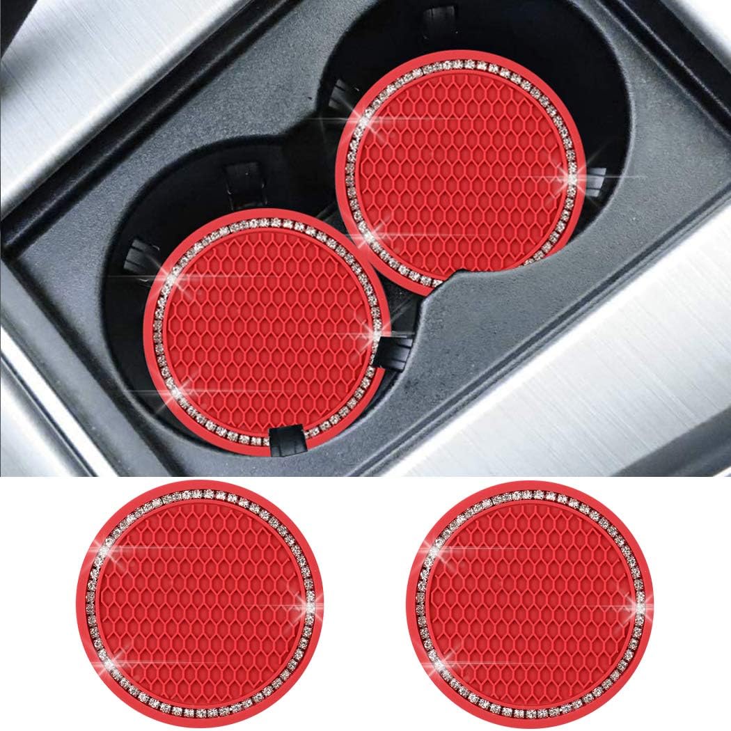 SUNACCL Universal Vehicle Bling Travel Auto Cup Holder Insert Coasters Crystal Rhinestone Car Interior Accessories Durable Anti Slip Silicone Car Coasters (Pack of 2) (Red)