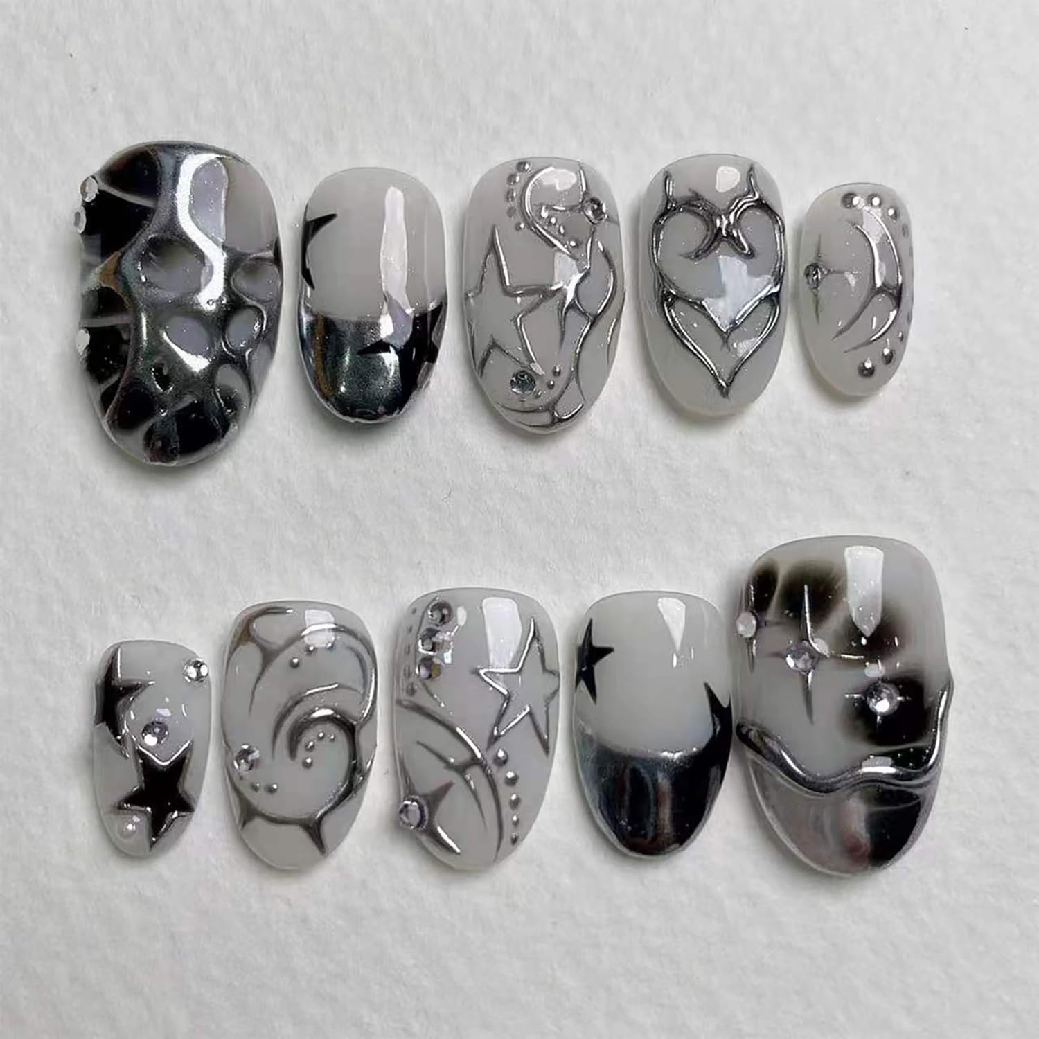 30pcs Gothic Press on Nails Short Almond Fake Nails with Silver Star Line Diamond Designs French Tip False Nails Goth Acrylic Nails Full Cover Stick on Nails for Women Nail Decorations