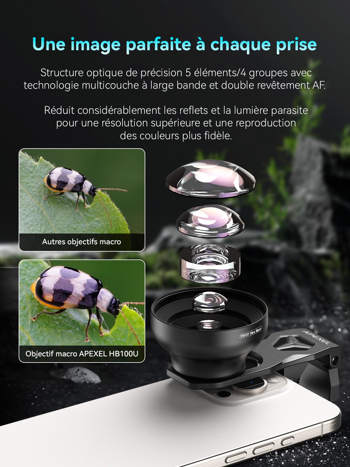 Objectif Macro APEXEL HB100Ultra pour iPhone, Clip pour Appareil Photo de Téléphone iPhone, Samsung, Pixel