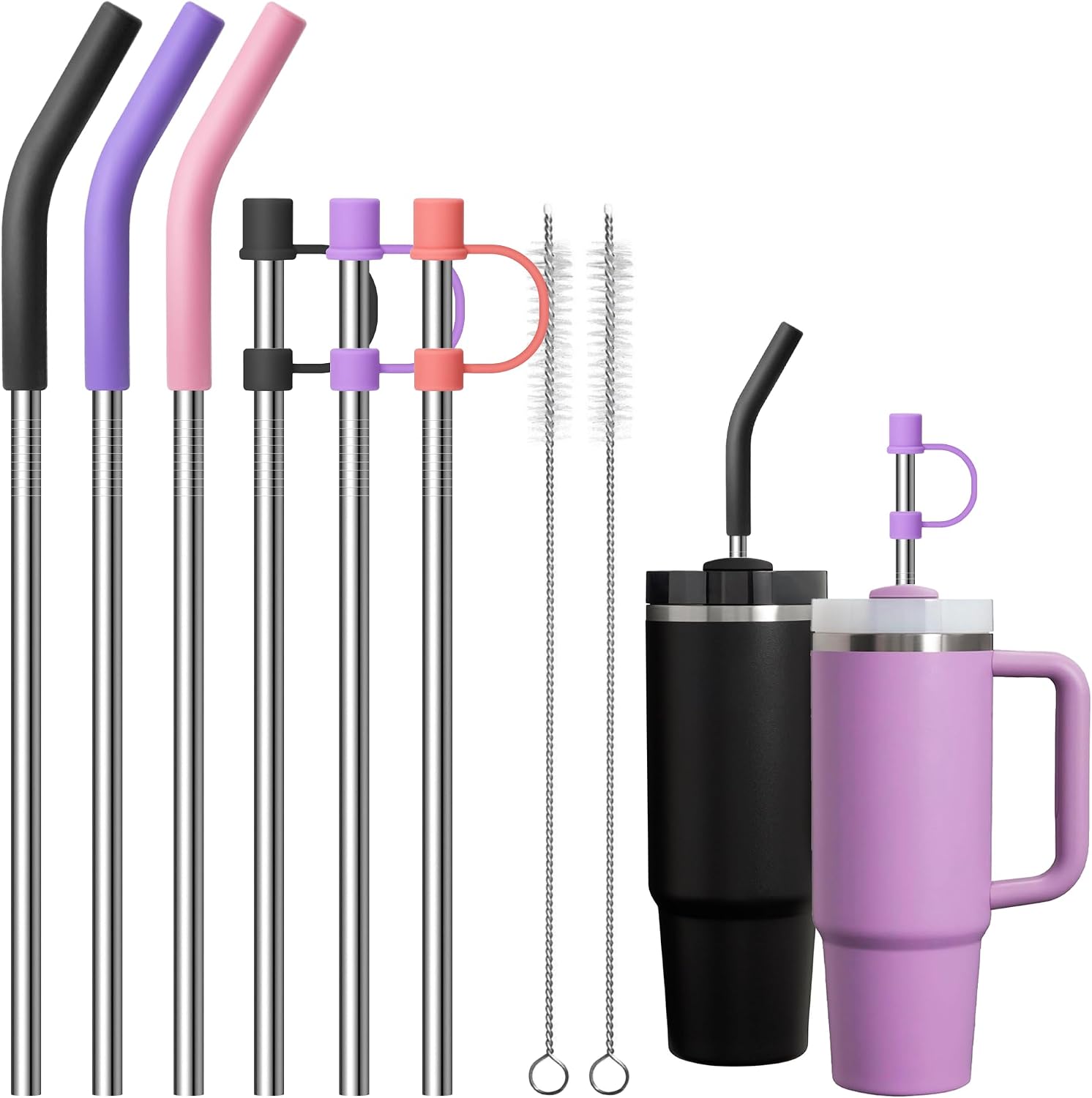 Stainless Steel Straws for 40oz Tumblers, Metal Straws Reusable with Silicone Tips for Stanley 40oz Cup,Simple Modern 40 oz Tumbler, Brush