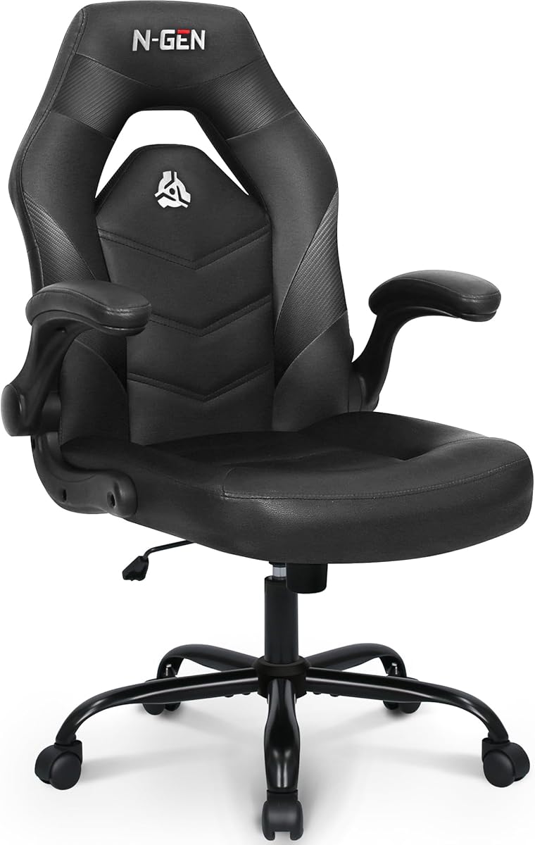 N-GEN Video Gaming Chair Ergonomic Computer Desk Office Chair with Lumbar Support Adjustable Height Swivel Wheels Flip-Up Arms PU Leather Home and Office (Black)