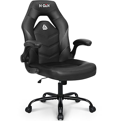 N-GEN Video Gaming Chair Ergonomic Computer Desk Office Chair with Lumbar Support Adjustable Height Swivel Wheels Flip-Up Arms PU Leather Home and Office (Black)