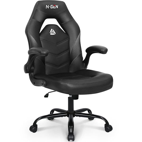 N-GEN Video Gaming Chair Ergonomic Computer Desk Office Chair with Lumbar Support Adjustable Height Swivel Wheels Flip-Up Arms PU Leather Home and Office (Black)