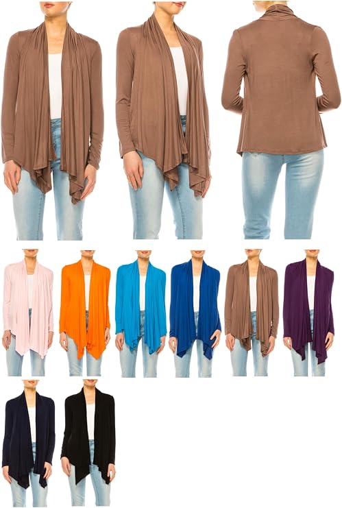 Women's Asymmetric Hem Cardigan with Draped Neck and Open Front