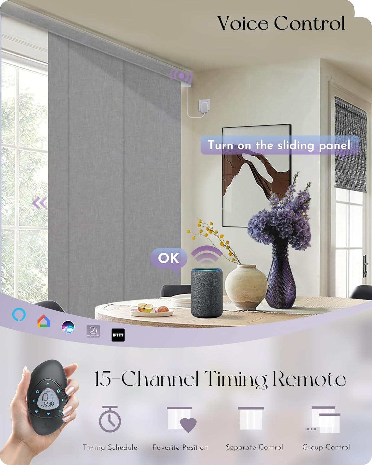 Graywind Motorized Sliding Panels Blackout Compatible with Alexa Google Smart Panel Track Blinds Remote Shades for Patio Sliding Door, Custom Size (Light Grey)
