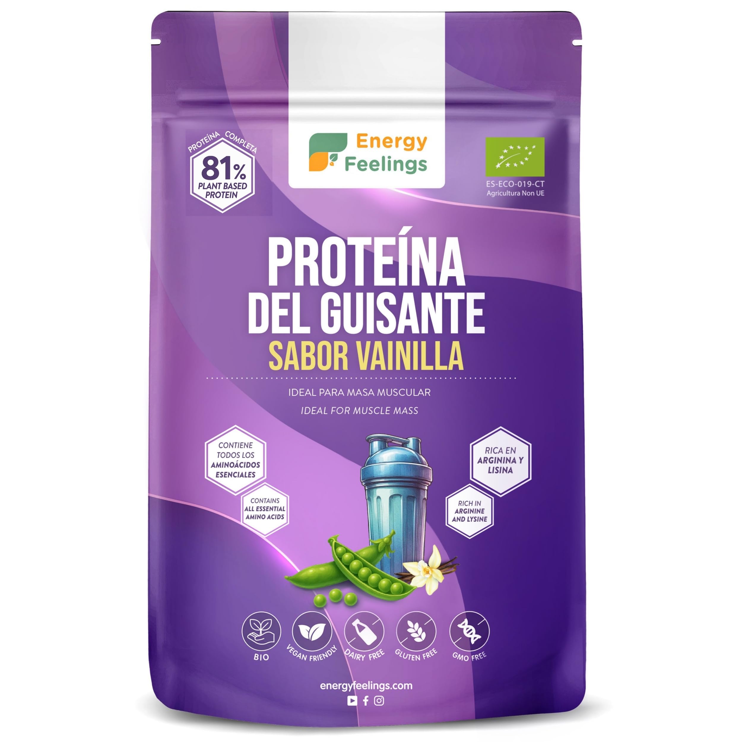 F Energy Feelings Proteine di Piselli al Gusto di Vaniglia in Polvere BIO 1 Kg / 81% Proteine Vegetali / Proteine Vegane Massa Muscolare e Dimagrire / Senza Zuccheri Aggiunti, Lattosio né Glutine