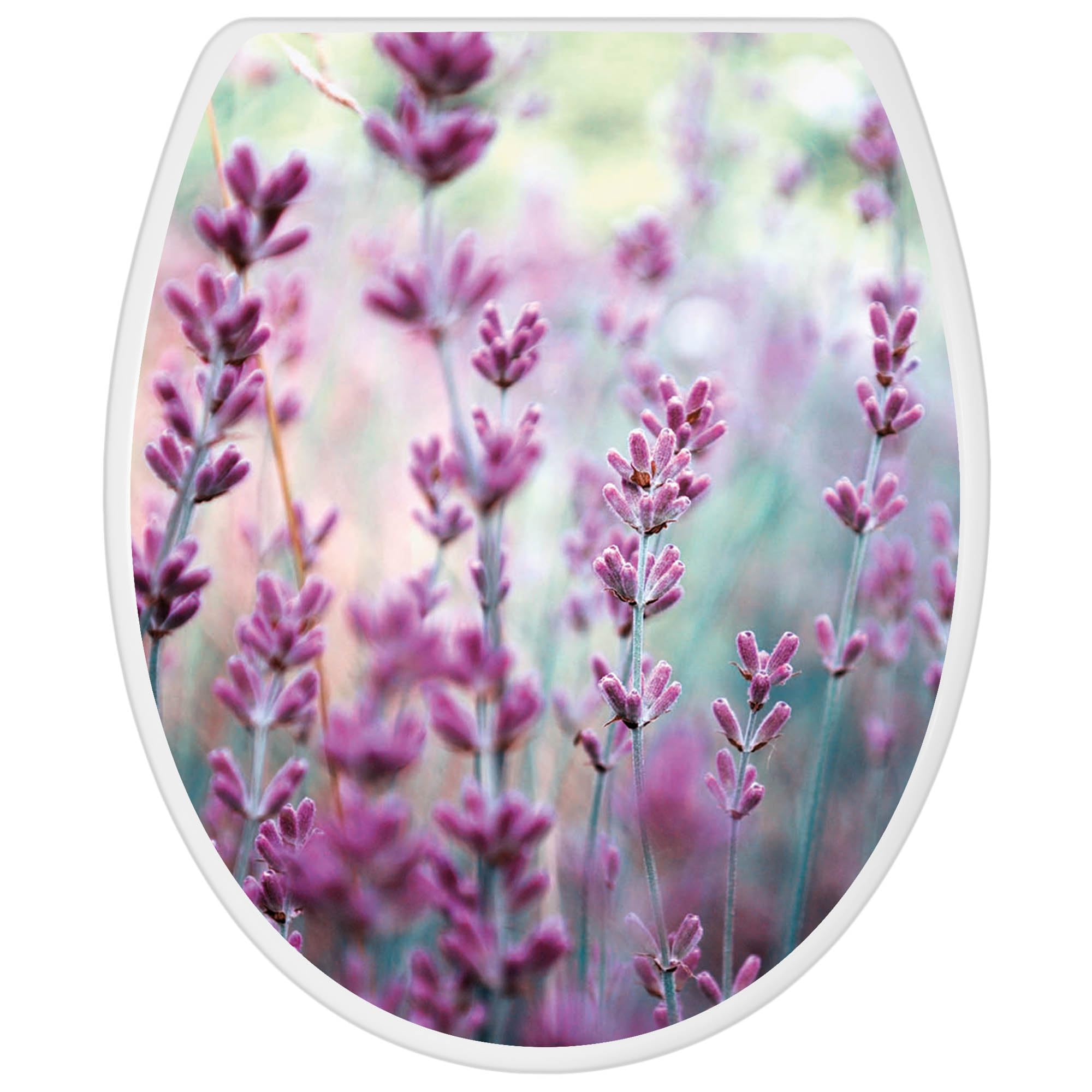 banjado Toilettendeckel mit Absenkautomatik 44,5x37cm - Soft Close Toilettensitz - WC Sitz mit Absenkautomatik - Klodeckel aus Duroplast mit Edelstahl Scharnieren, einfache Montage - Motiv Lavendel 2