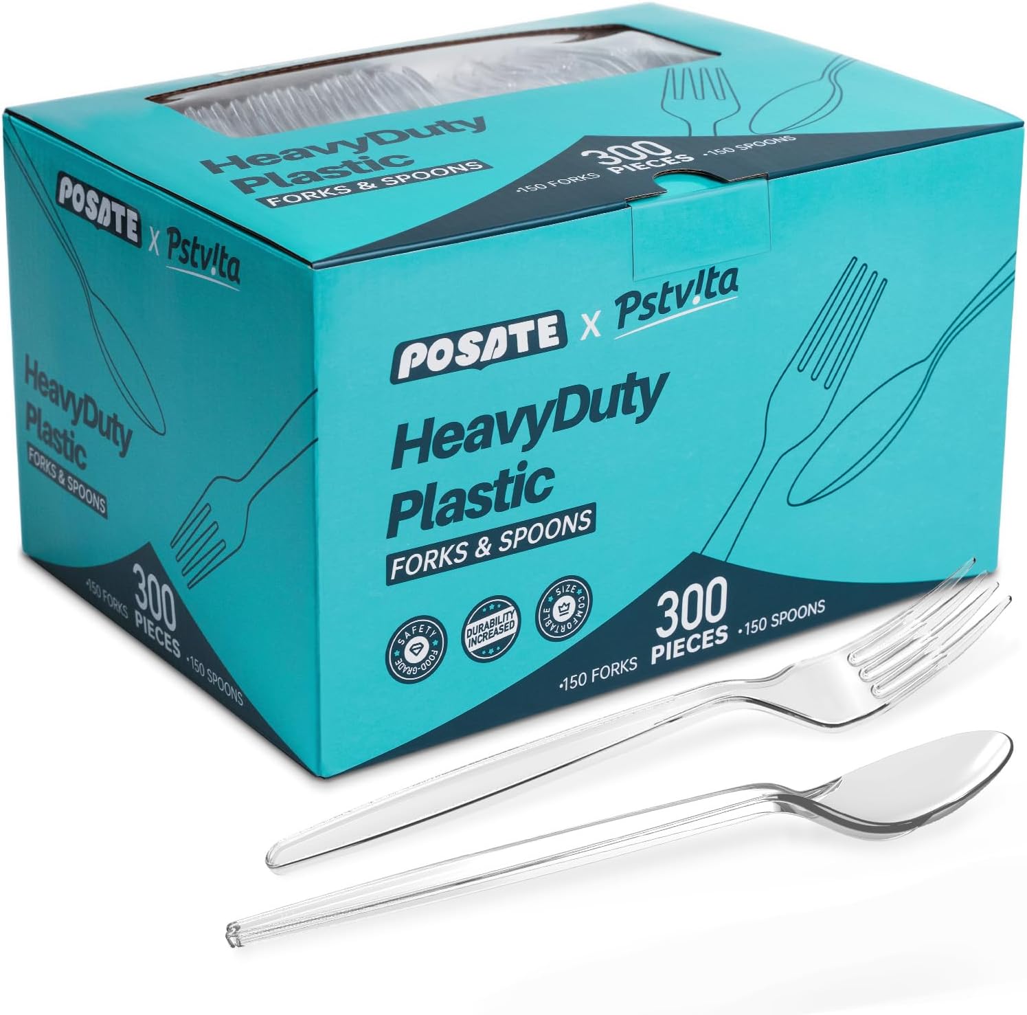 Plastic Forks and Spoons Silverware Set 300PCS, Heavy Duty Utensils 150 Clear Forks 150 Clear Spoons Disposable Utensils