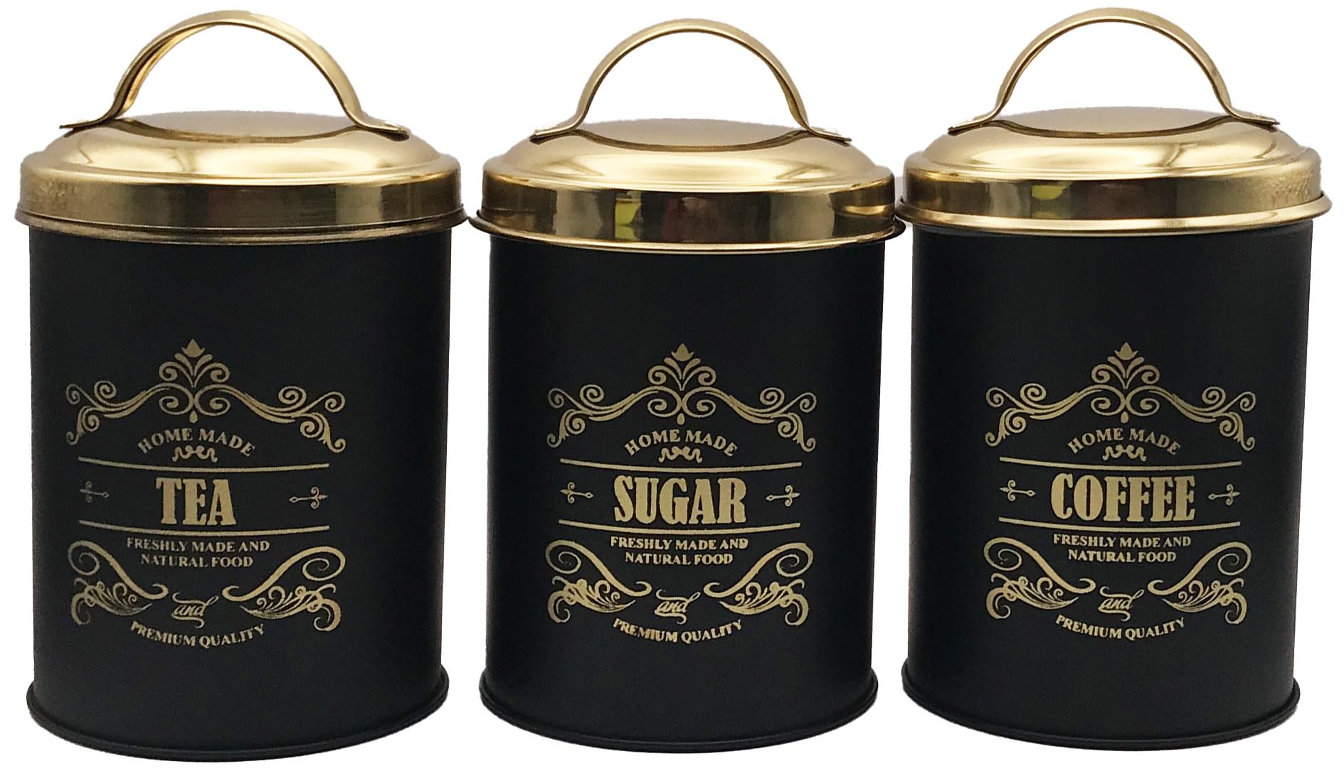 Set of 3 Tea Coffee Sugar Canisters, Antique Look Rust Resistant, Powder Coated Ideal for Kitchen Storage Coffee Granules, Tea Leaves & Bags & Sugar Cubes