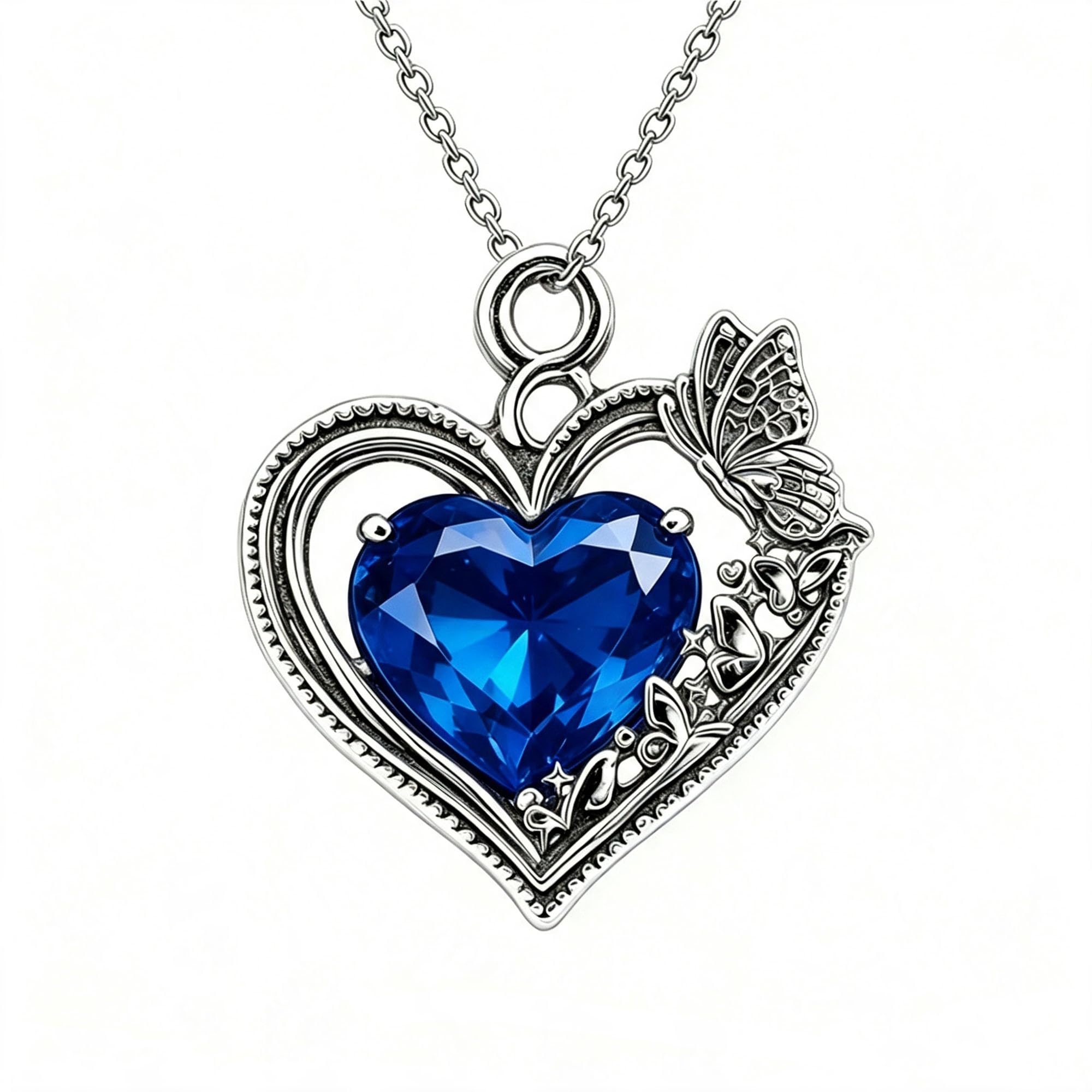 Dralox Women's Vintage Butterfly Heart Necklace, Sterling Silver Hollow Blue Heart Crysta…