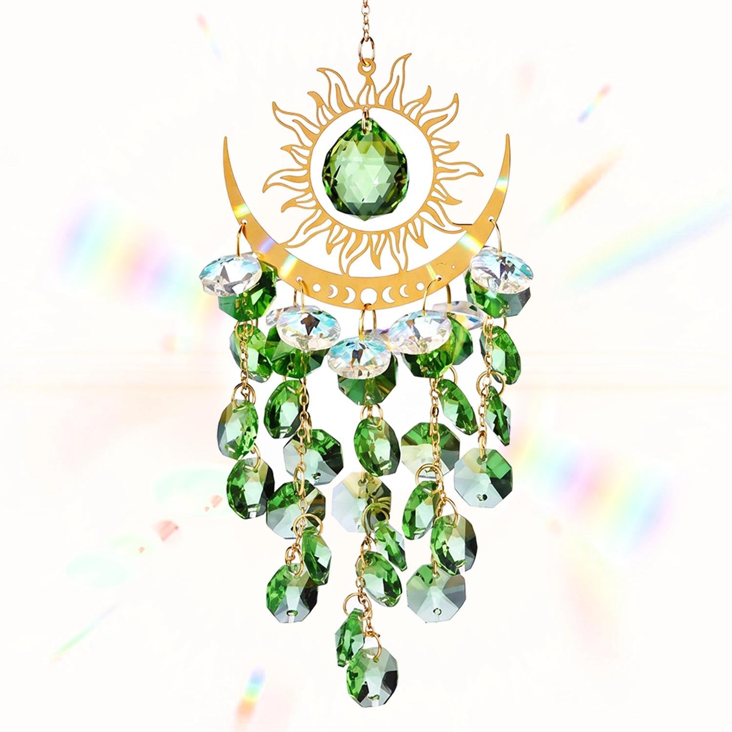 Atrapasueños Sol Luna Cristal Campanillas Viento Coloridas 38cm Verde | Prismas Colgantes Decoración Jardín Patio Techo Habitación Boho