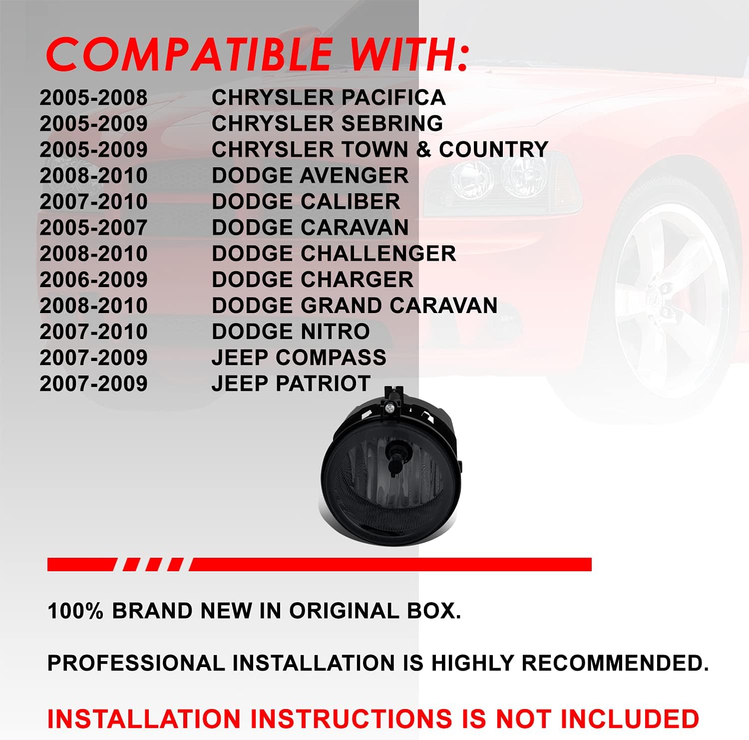Auto Dynasty Fog Lights Assembly Compatible with 2005-2010 Chrysler Dodge Jeep Sebring Town & Country Caravan Compass, Fog Lamp with Switch Replacement, Driver Passenger Side, Black Housing Smoke Lens