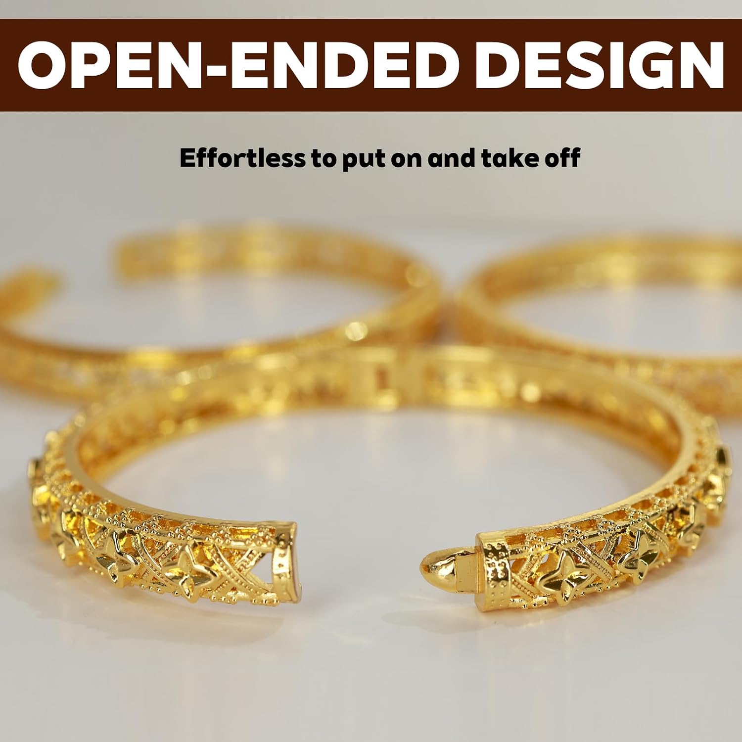 18K Gold Plated Women's Dubai Gold Bangles Set - Temple Designs, Stackable Bulk Indian African Kashmiri Bangles for Women, Hollow Out Carving, Tarnish & Oxidation Resistant, Party Favors, Gift Idea