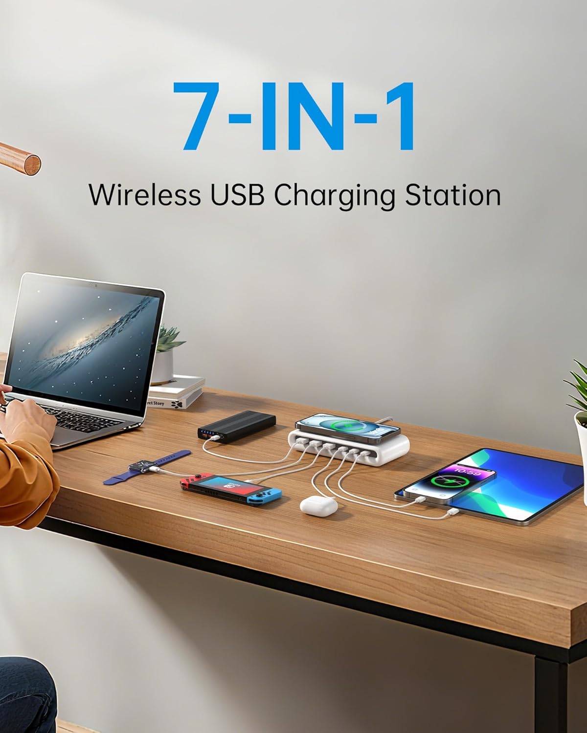 USB C Charging Station with 10W Wireless Charger, 145W USB C Charger Block with with 5FT Extension Cord, 7-in-1 Multi USB Charging Station for Home Office