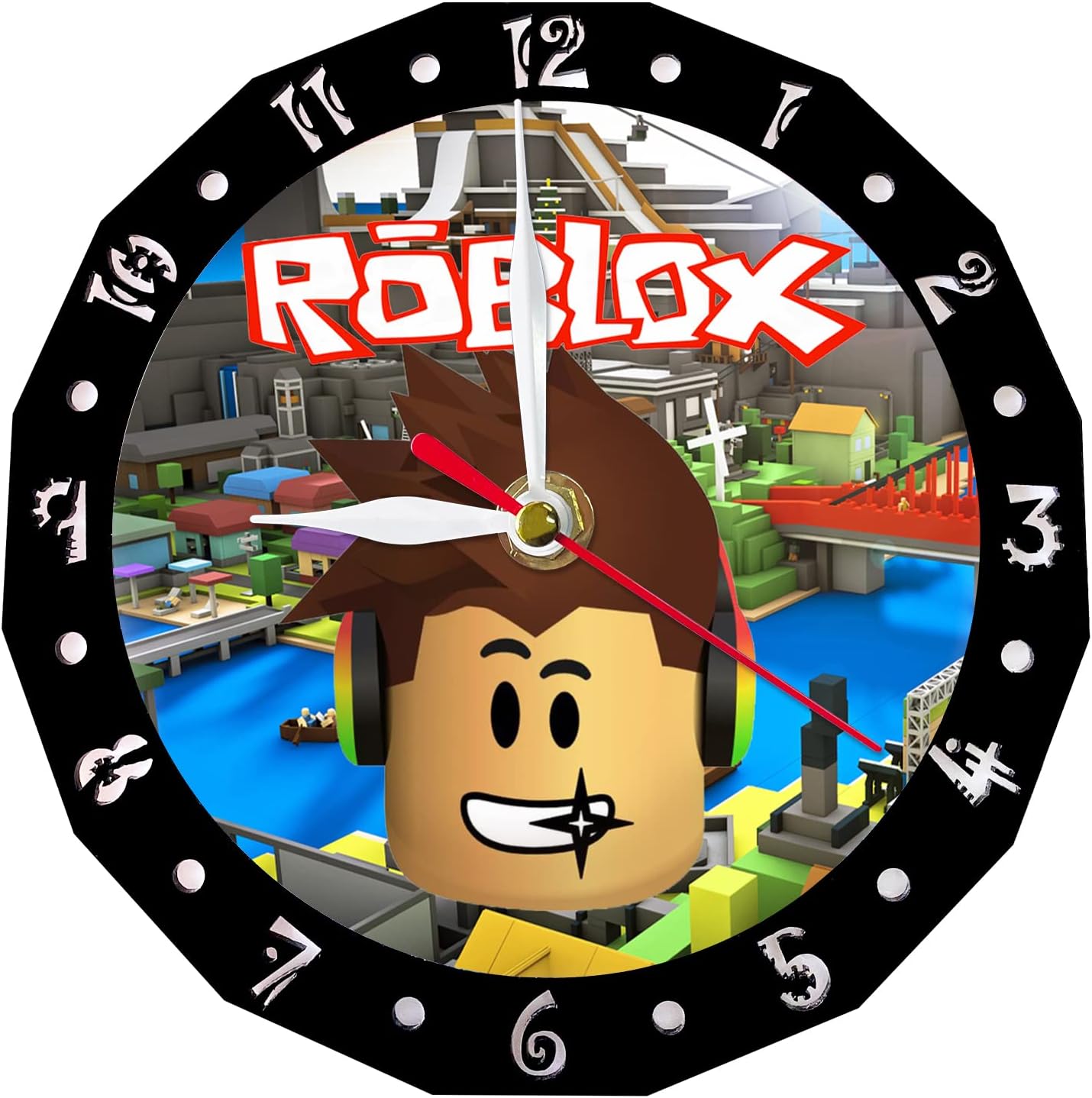 R-timer Roblox Wall Clock Desk Clock Anime Design Round Silent Clock 'No Tick' Fireplace Shelf Clocks for Living Room and Bedroom Office (Roblox Large Head)