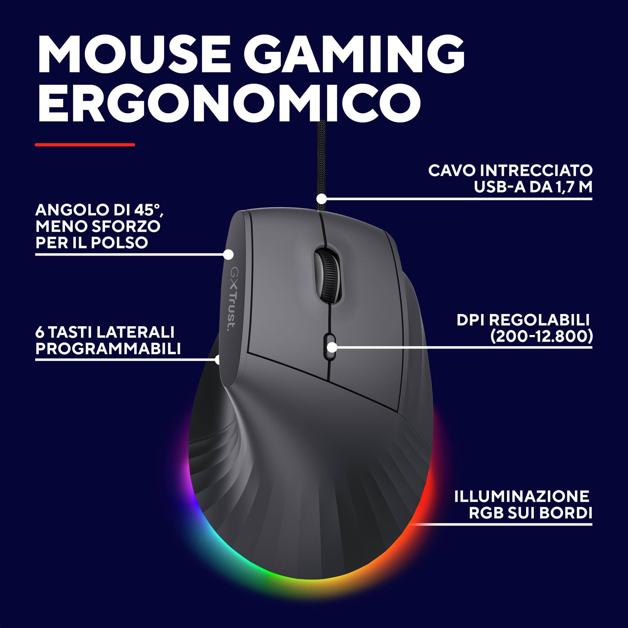 GXTrust 145 Rexxa Mouse Verticale Ergonomico con Illuminazione RGB 12800 DPI, Mouse da Gaming con Filo USB, 10 Pulsanti Programmabli, Software Avanzato, per PC, Laptop, Mac, Windows - Nero