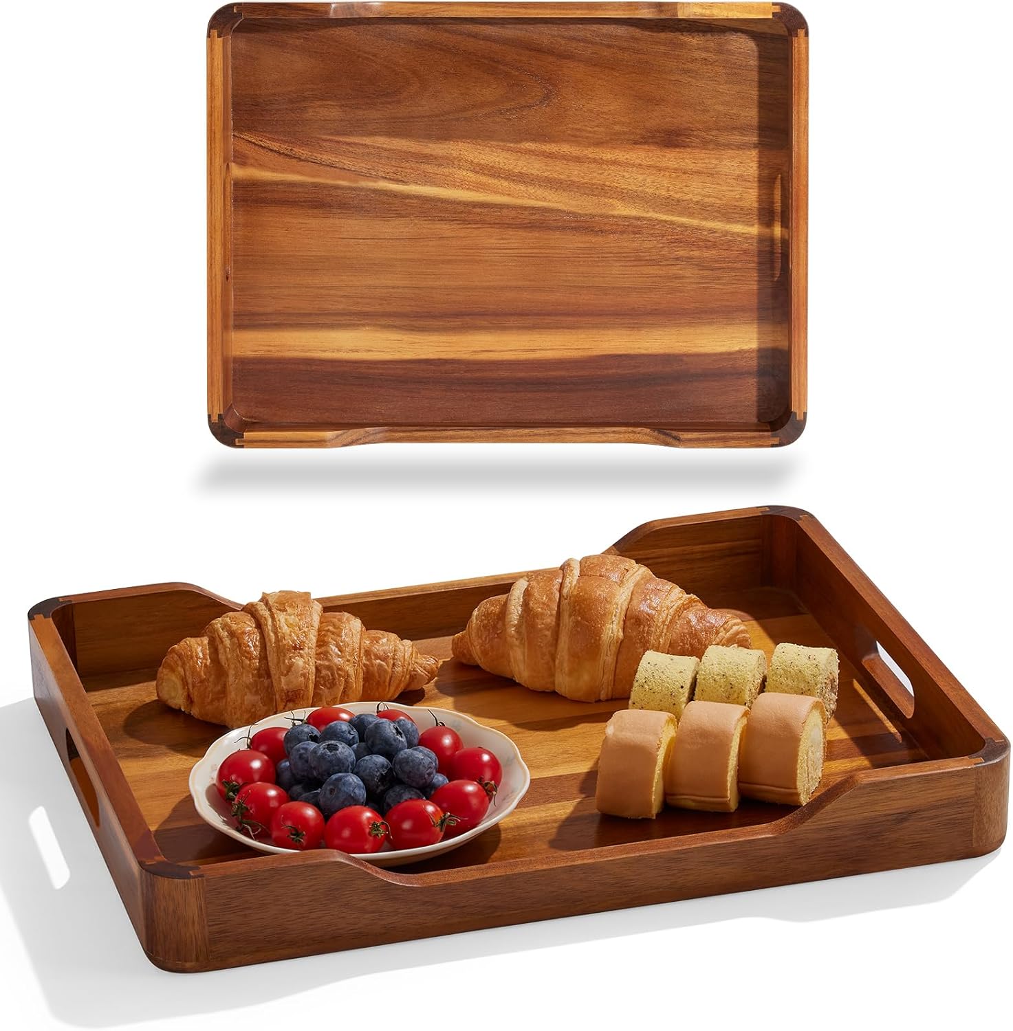 1PC Acacia Wood Serving Tray with Handles, 16x12 inch Rectangular Decorative Ottoman Serving Tray for Breakfast in Bed, Living Room, Coffee Table