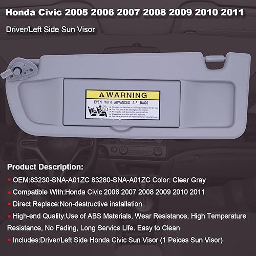 Miniatura 2 de NHILES Visera solar lateral izquierda gris transparente compatible con Honda Civic 2006 2007 2008 2009 2010 2011 Reemplazo # 83280-SNA-A01ZC