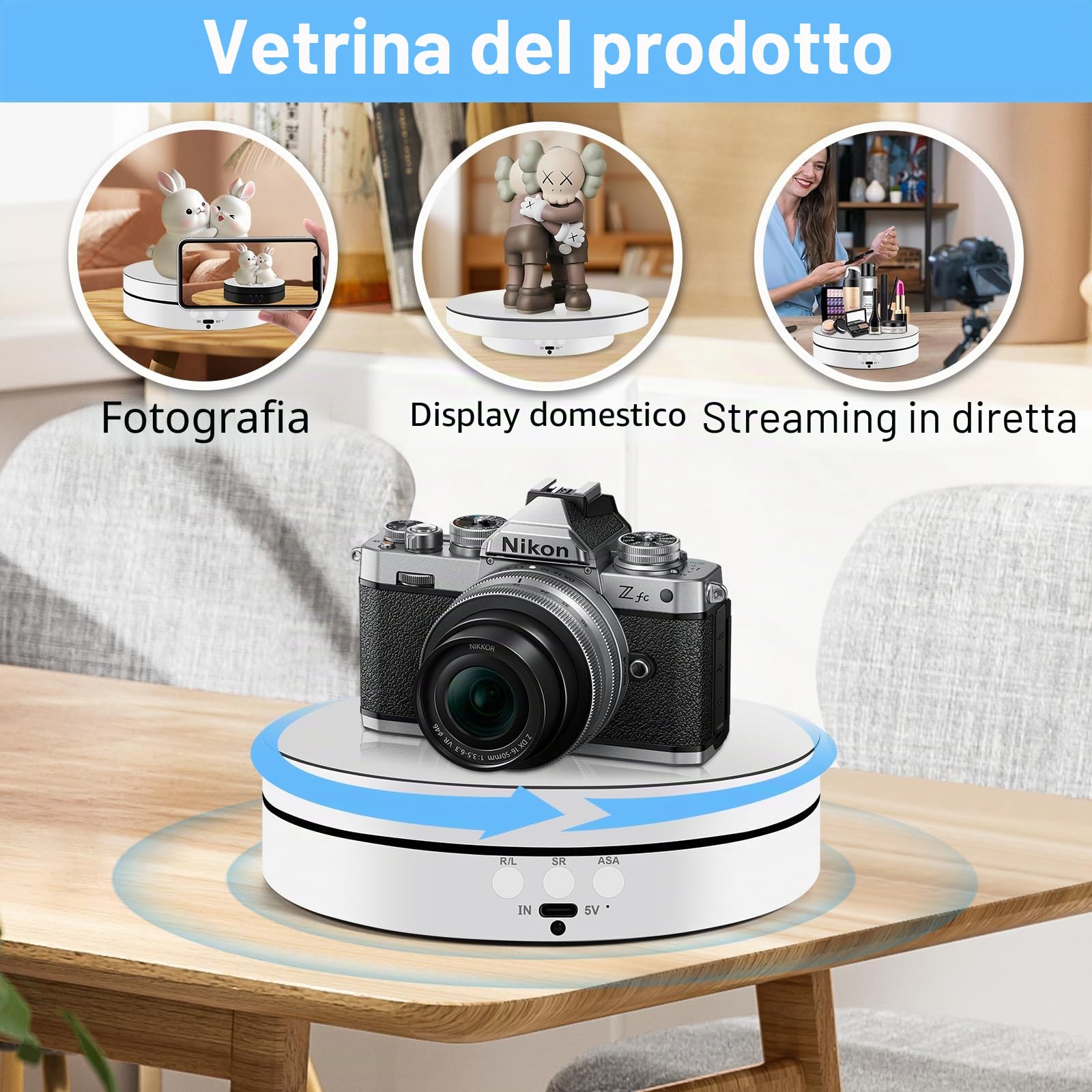 Piattaforma Girevole Elettrica 360°,Piattaforma Rotante Automatica USB per Gioielli,Orologi,Prodotti Digitali,Velocità Regolabile Espositore Girevole Elettrico con 2 Pannelli di Sfondo (Bianco)