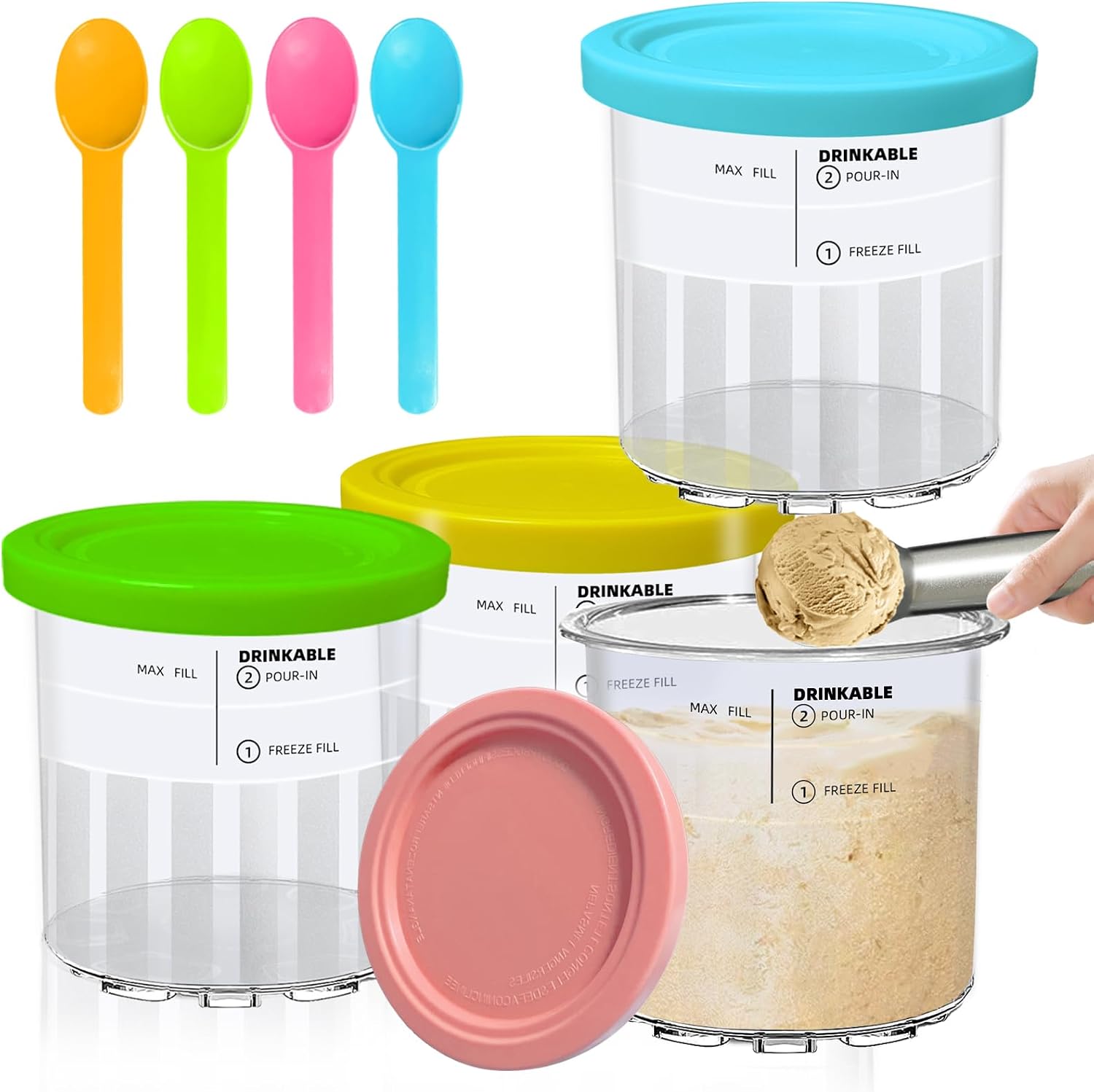 4 Pack Creami Pints and Lids Replacement for Ninja 24 oz Creami Deluxe Containers with Spoons Compatible with NC501 NC500 Series Ice Cream Makers Accessories Dishwasher Safe and BPA-Free